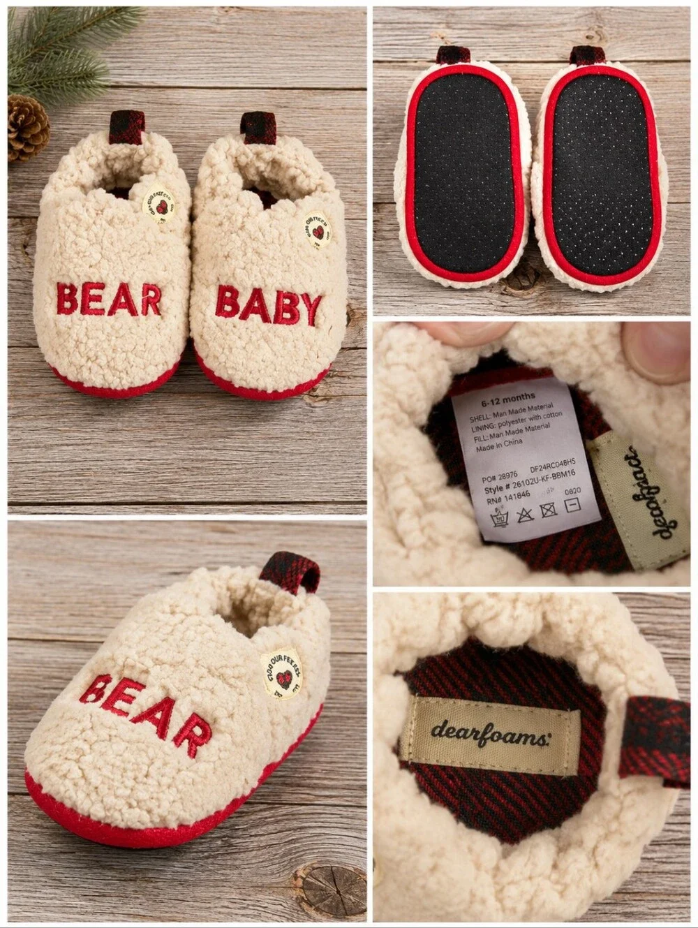 🔥Dearfoams Baby Bear Sherpa Slippers Cream Red 9-12 Months